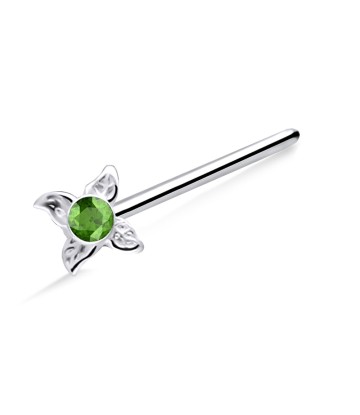 Green Stone Leaf Silver Straight Nose Stud NSKA-673 